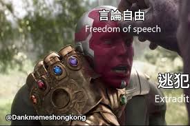 this meme was made by a bunch of university students run instagram page ( @dankmemeshongkong ) regarding their stance on the extradition law using the famous character from the avengers Thanos stripping freedom of speech.  

